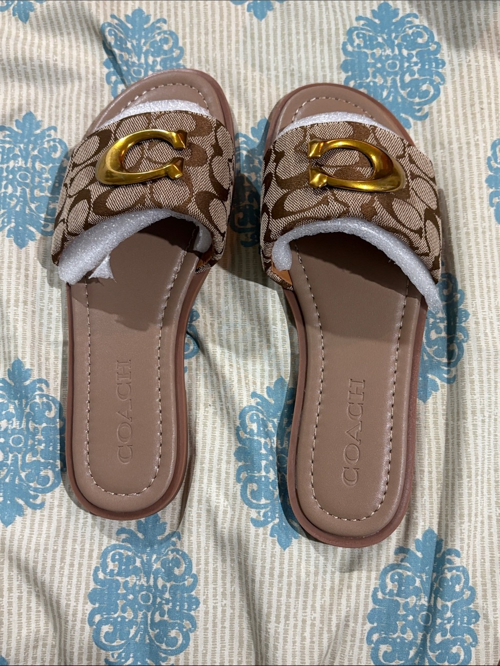 Coach Tan Signature Canvas Slide Sandals with Gold 'C' Accent